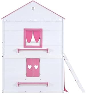 Merax Wood Full Over Full Bunk Wood House Bed with Elegant Windows, Sills and Tent,Low Loft Bed Frame,W/Guardrail,No Box Spring Needed,for Kids,Teens,Girls,Boys,Pink+White