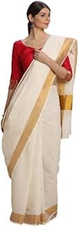 manvish drapes Sarees for Women - Kasavu Pure Cotton Saree with Tassels - Perfect for Traditional & Formal Occasions