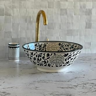 Handmade Ceramic Moroccan Vanity Vessel Sink, Handwash Countertop Vanity Basin Sink, Farmhouse Bathroom Basin, Hand Painted Wash Basin Sink for Bathroom with a Gift Included (8"= 20cm)