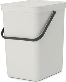 Brabantia Sort & Go Waste Bin 25L (Light Grey), Space-Efficient Plastic Recycle Container with Handle, Removable and Stay-Open Lid, Easy to Clean Kitchen Bin without Nooks and Rims