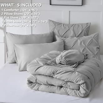 CozyLux California King Comforter Set Light Grey - 7 Pieces Cal King Pintuck Bed in A Bag Gift for Family, Pinch Pleat Bedding Sets with All Season Comforter, Sheets, Pillowcases & Shams