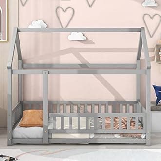 LLS Twin Size House Bed with Safety Guardrails, Montessori Floor Bed with Roof Frame, Wood Bed Frame for Boys Girls, Gray