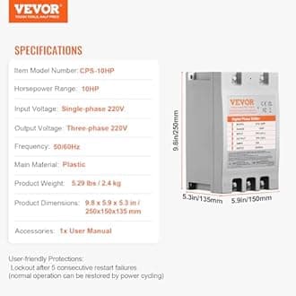 VEVOR Single Phase to 3 Phase Converter - 10HP 30A 220V Input/Output Digital Phase Shifter for Residential & Light Commercial Use (One Converter for One Motor Only)