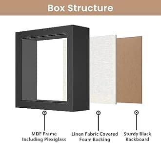 Califortree 5x5 Small Shadow Box Picture Frame with Soft Linen Back - Push Pins Included, Memory Shadow Box Display Case for Bouquet Awards Medals Wedding Photos and More, Black