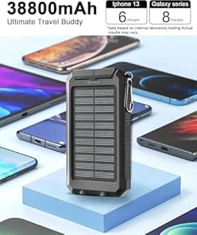 ERRBBIC Solar Charger Power Bank, 38800mAh Portable Outdoor Waterproof Solar Battery Charger, Camping External Backup Battery Pack USB C Ports Input/Output, 2 Led Light Flashlight