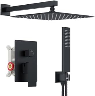 Iriber Shower Set with 12 Inch High Pressure Rain Shower Head and Handheld and Shower Faucet Mixer Valve Modern Shower System Including Pressure Balance Valve Shower Trim Kit for Bathroom,Matte Black