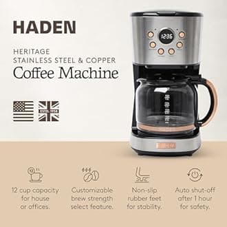Haden Coffee Machine, 12 Cup Programmable Drip Coffee Maker with Auto Shut-Off Function and Reusable Washable Water Filter, Steel & Copper
