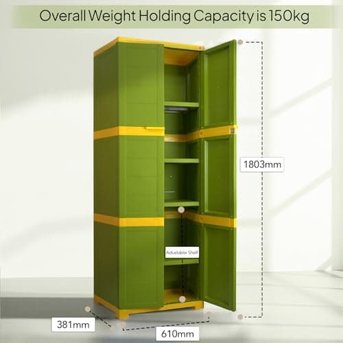 Cello Novelty Large Plastic Cabinet with Dustproof Doors| 3 Year Warranty | Almirah, Cupboard, Wardrobe for Home, Living Room, Bedroom, Kitchen, Office, Outdoor| Green & Yellow Colour