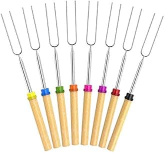 BBQ Roasting Sticks, Marshmallow Roasting Forks, Set of 8 Telescopic Smores Skewers Extra Long Heavy Duty Forks for Fire Pit & Fireplace - Best Camping Grill Accessories