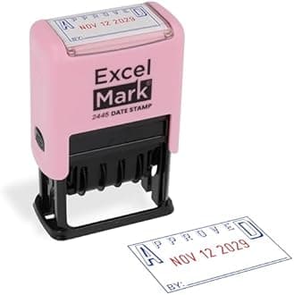 ExcelMark 2445 Date Stamp with Text - Blue and Red Ink (Pink Mount, Approved)