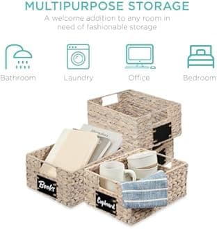 Best Choice Products Set of 4 9x12in Water Hyacinth Pantry Baskets, Woven Kitchen Organizers w/Chalkboard Label, Chalk Marker - White