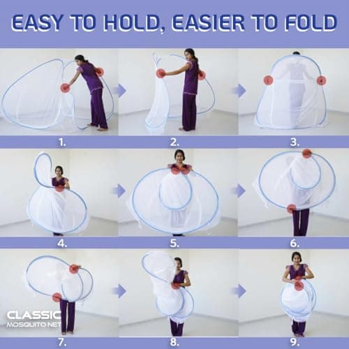 Classic Mosquito Net for Double Bed | Queen Size Foldable Machardani | Polyester 30GSM Strong Net | PVC Coated Corrosion Resistant Steel Wire - Full Blue