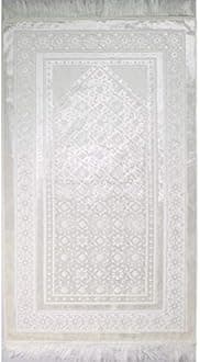 Velvet Islamic Prayer Rug with Prayer Beads Turkish Janamaz Sajadah Floral Stamp Luxury Plush (White)