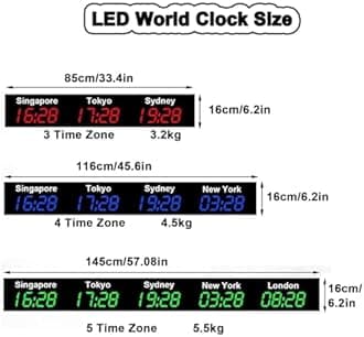 Wall Mounted World Clock, 3/4/5 City Time Zone LED Digital World Time Wall Clock Indoor Multi Time Zone World Wall Clock for Multinational Enterprises/Office/Home/Living Room/School,Red-5City