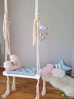 AD Planet Solid Wood Rope Swing Chair | Wooden Hammock Swing With Rope & Complete Accessories For Indoor, Outdoor, Home Balcony & Garden | House Swings Jhula for Adults & Kids, 30X9 Inch, White & Blue