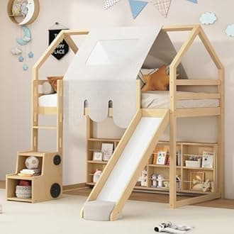 SOFTSEA Twin House Loft Bed with Stairs and Slide, Wooden House Loft Bed with Storage Shelves, Stairway Playhouse Bed with Roof Tent and Ladder for Kids Boys Girls, No Box Spring Needed, Natural