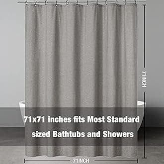 Weighted Linen Shower Curtain, Waterproof Mould and Mildew Resistant Wet Room Shower Curtain, Washable Shower Curtains with 12 Black Hooks 71 x 71 Inch Grey