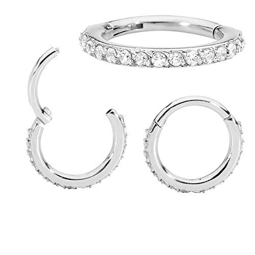 2 Pcs Stainless Steel 16G Hinged Gem Segment Ring Hoop Sleeper Huggie Earrings