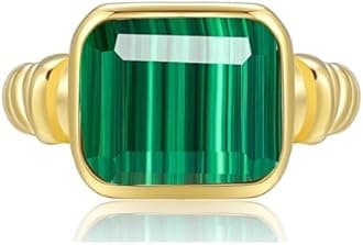 Phyonio Women's 14K Gold Plated Statement Ring Rectangle Teal Turquoise/Rose Quartz Crystal/Spiny Oyster Turquoise Signet Ring Stainless Steel Twisted Cable Band Size 5-10