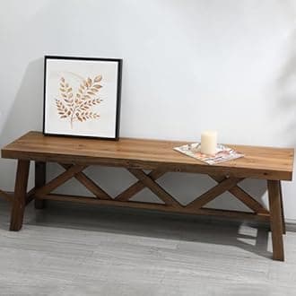 Wnutrees 54" Farmhouse Wood Bench, Rustic Solid Wood Entryway Bench Seat with Double X-Structure for Dining Room, Living Room, Hallway, Structural Stability, Natural