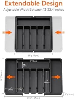 Lifewit Extendable Cutlery Drawer Organiser, Adjustable Cutlery Tray, Plastic Adjustable Kitchen Storage Dividers for Utensil Spoons Forks Knives, 8 Compartments, 33-57 x 38cm, Black