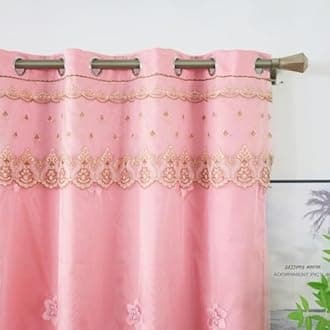 Amidoudou 1 Pair European Double Layer Curtains for Living Room Bedroom Luxury Flower Embroidered Curtains with Valance (Pink,52x90 Inch)