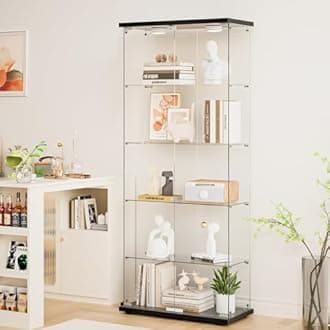 Glass Display Cabinet 5-Shelf with Door, Locking, 12-Color LED Push Lights with Remote Control,4mm Tempered Glass Floor-to-Ceiling Bookcase for Bedroom, Living Room, Black