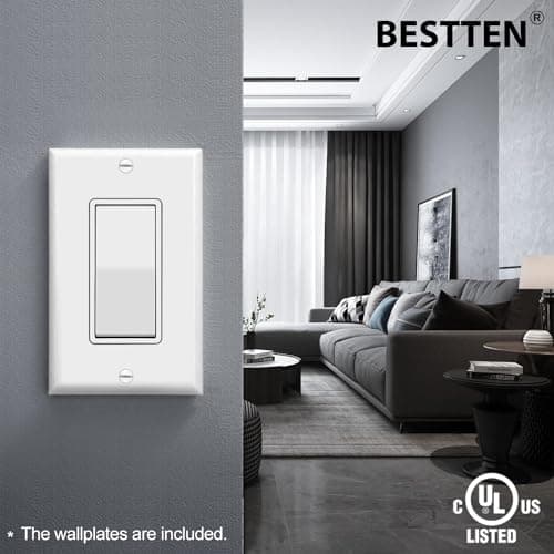 [20 Pack] BESTTEN Electric Single Pole ON/Off Light Switch Interrupters, 15A 120/277V, Decor Wall Plates Included, Commercial and Residential Grade, UL Listed, White