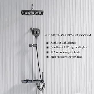 QREZAA Thermostatic Piano Key Shower System with Digital Display, Ambient Lights, 12" Rain Head, Tub Spout, Hand Shower, Bidet Sprayer - Gun Gray