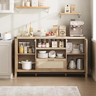 GarveeHome 47.2 in Rattan Sideboard Buffet Cabinet with Storage, Farmhouse Kitchen Buffet Cabinet with Drawer, Boho Wooden Coffee Bar Cabinets with Open Shelves, for Dining Room, Living Room, Rustic