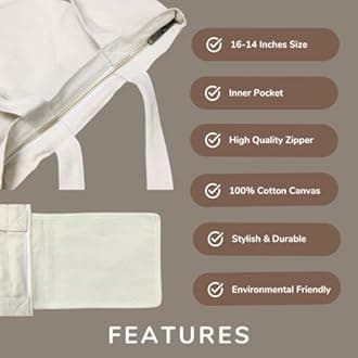 Roundsun Canvas Printed Black/White Vertical Tote Bag Main Zipper & Open Inner Pocket 300 GSM Cloth Size 16 Height 14 Width 4 Base Inches Multi-Purpose Bag Eco Friendly