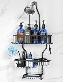 YASONIC Never Rust Shower Caddy Hanging Organizer - Aluminum Over-the-Showerhead Rack With 10 Hooks for Razor/Sponge and Soap Basket - Black