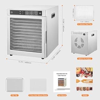 Food Dehydrator Machine 12 Stainless Steel Trays, Food Dryer for Fruit, Meat, Vegetables and Pet Food, 86 ℉ - 185 ℉ Adjustable and 0.5~24 Hours Digital Time Control, Includes Recipe Book