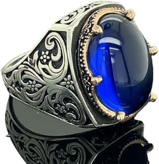 Men's Handmade Sapphire Stone Ring, Turkısh Handmade Ring, Ottoman Style Ring, Cubic Zircone Ring, 925k Sterling Silver Ring