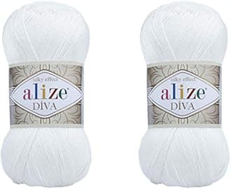 Alize Diva Hand Knitting Yarn - 100% Microfiber Acrylic With Silk Effect - Crochet Art Lace Craft - 2 Skeins, 200gr, 767 Yds (55-White)
