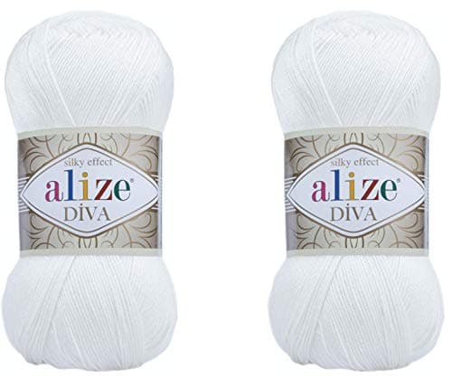 Alize Diva Hand Knitting Yarn - 100% Microfiber Acrylic With Silk Effect - Crochet Art Lace Craft - 2 Skeins, 200gr, 767 Yds (55-White)