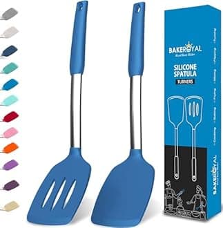 BakeRoyal Silicone Spatula Set - Turner Spatulas Silicone Heat Resistant 600°F - Slotted & Solid Spatula for Cooking Fish, Eggs, Pancakes Flipper – Spatulas for kitchen use – Blue