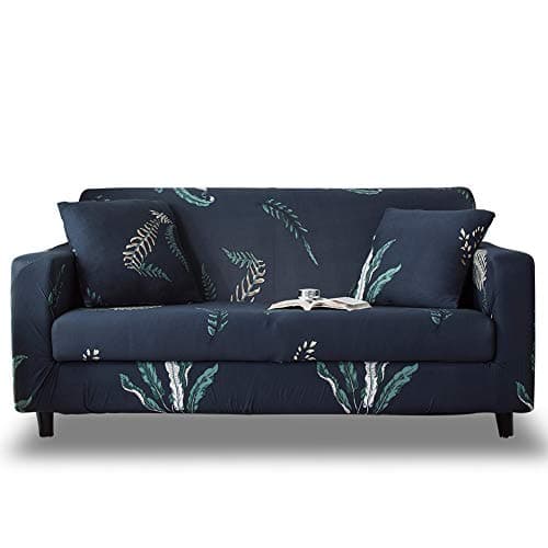 HOTNIU Stretch Sofa Cover Printed Couch Covers Sofa Slipcovers for 3 Cushion Couches Elastic Universal Furniture Protector with 1 Pillowcase (Large, Navy Seaweed)