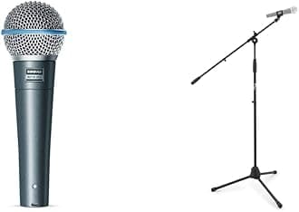 Shure BETA 58A Supercardioid Dynamic Vocal Microphone,Silver & Tiger MCA68-BK Microphone Boom Stand, Mic Stand with Free Mic Clip - Black