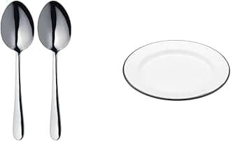 MasterClass Duo of Stainless Steel Serving Spoons, 2-Piece Spoon Set for Buffets, Silver & KitchenCraft LNENPLATE20 Living Nostalgia Enamel Side Plate, White/Grey, 20 cm (8 inch)
