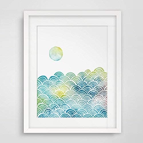 Moon with Blue Waves Watercolor Ocean Wave Creative Design Artwork Gift Art Print Wall Decor Nursery Wall Art AP191