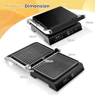 TANGZON Electric Fold-out Non-Stick Grill, LED Touch Gourmet Sandwich Maker Panini Press with 2 Detachable Plates & Adjustable Temperature, BBQ Griils Countertop Breakfast Hotplate (Glass Top)