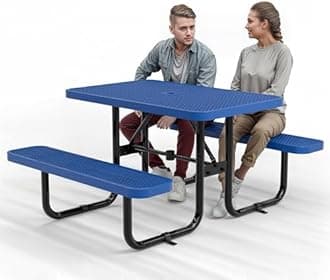 Commercial Heavy-Duty Metal Picnic Table - ADA Compliant, Adjustable Seats, Umbrella Hole, Expanded Metal (Blue, 4' Rectangular)