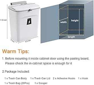 Tiyafuro 2.4 Gallon Kitchen Compost Bin for Counter Top or Under Sink, Hanging Small Trash Can with Lid for Cupboard/Bathroom/Bedroom/Office/Camping, Mountable Indoor Compost Bucket, White