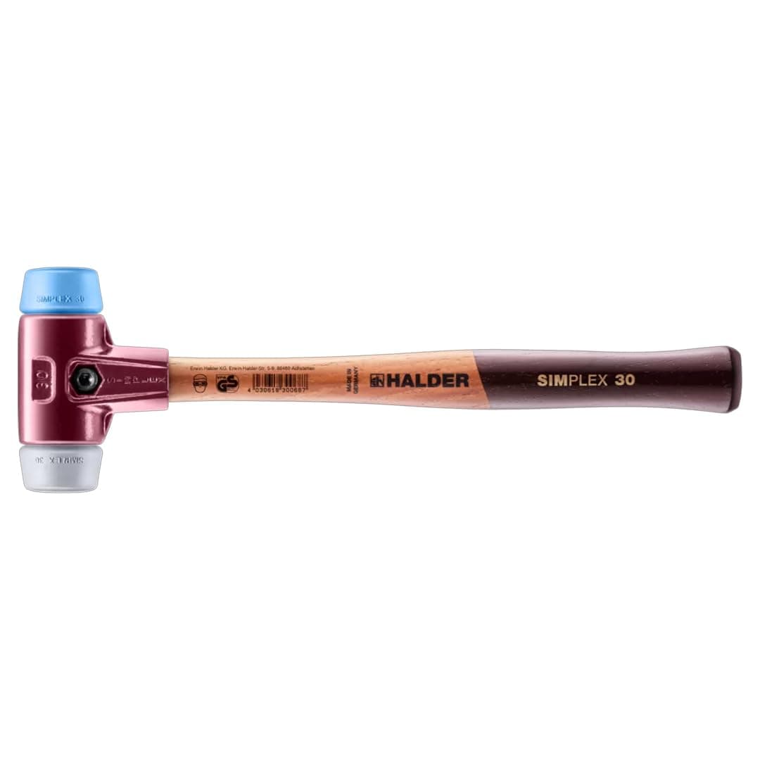 Halder Simplex Mallet 30mm – Dual Faces, TPE-Soft & TPE-Mid Inserts, Cast Iron Housing with Protection Sleeve, Hickory Handle, Stone, Masonry & Assembly – 3013.030