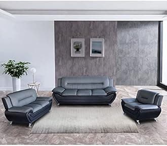 Fabrique Visionary 3+2+1 Leatherette 6 Seater Sectional Sofa Set | Comfortable Furniture for Home Office & Living Room | 4 Year Warranty | Easy to Move with Stainless Steel Legs | Grey & Black