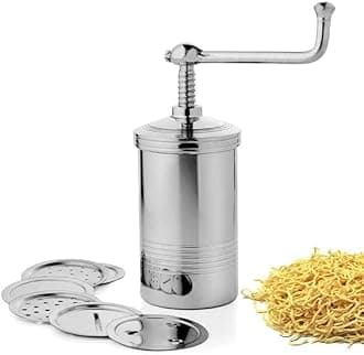 Becharaji 450gm Kitchen Press Bhujia Maker Sev Sancha Machine with Free 6 Different Jali for Making Different Types of Sevaiya, Sev, Gathiya Murukku, Chakli
