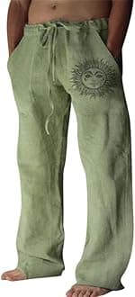 Mens Linen Trousers Cotton Jogging Bottoms Casual Summer Pants with Pockets Loose Fit Drawstring Trouser Comfortable Lightweight Pant