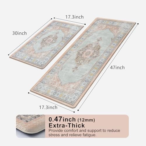 Collive Boho Kitchen Mat 2PCS Cushioned Kitchen Mats for Floor, Anti-Fatigue Mat Waterproof Kitchen Rug Set of 2 Non-Skid Comfort Standing Mat for Kitchen, Office, Sink, Laundry, 17"x30"+17"x47"(Pink)