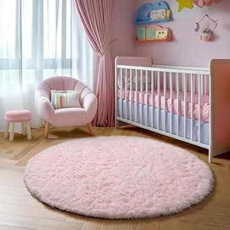 Amdrebio Pink Fluffy Round Rug 5Ft for Girls Bedroom Decor Aesthetic, Shaggy Circle Area Rugs for Kids Room Living Room, Cute Fuzzy Carpet for Nursery, Dorm, Classroom, Teen, Princess, Comfy Baby Playroom Rug.
